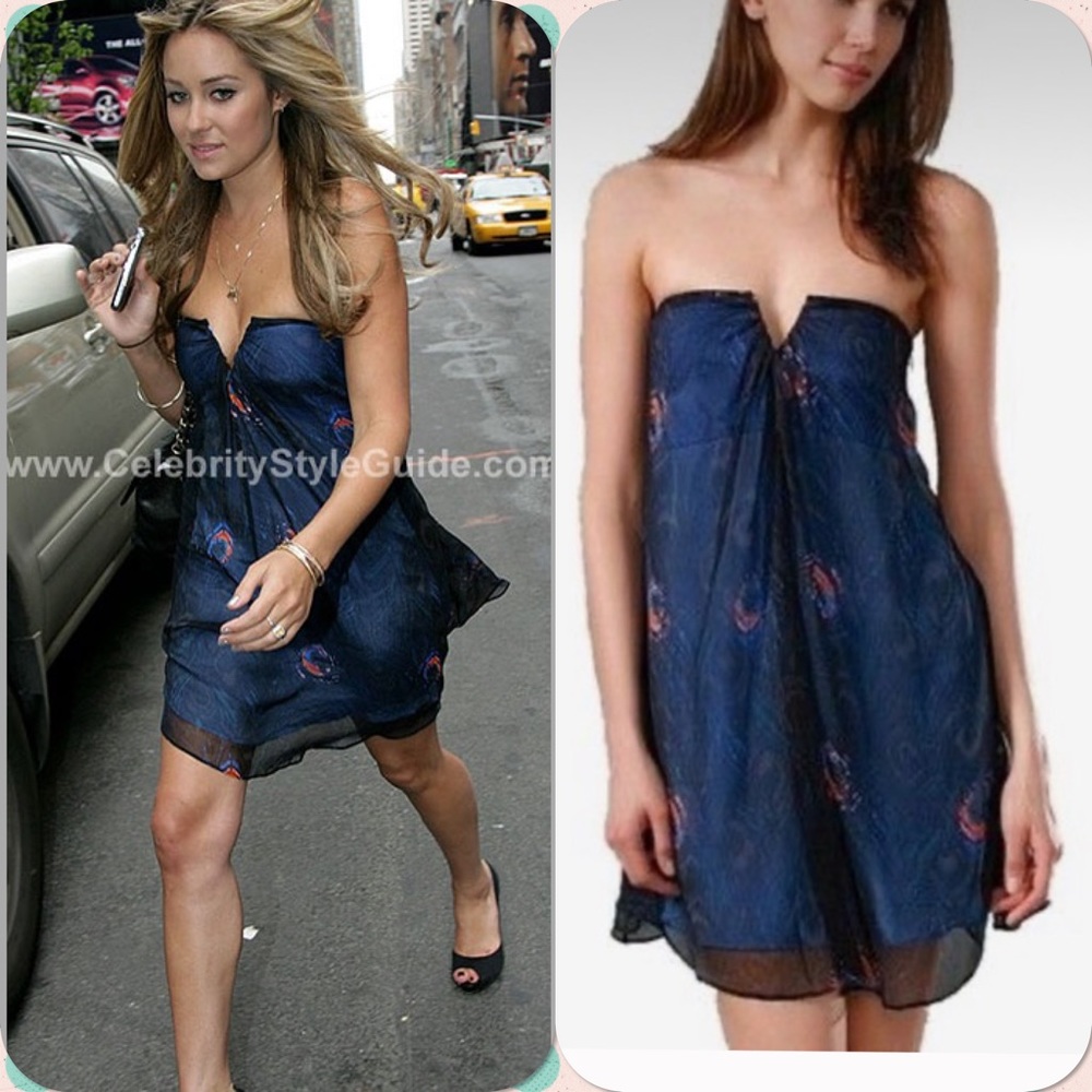 Elizabeth and James Peacock Print Silk Strapless Mini Dress Small (Petite) EUC